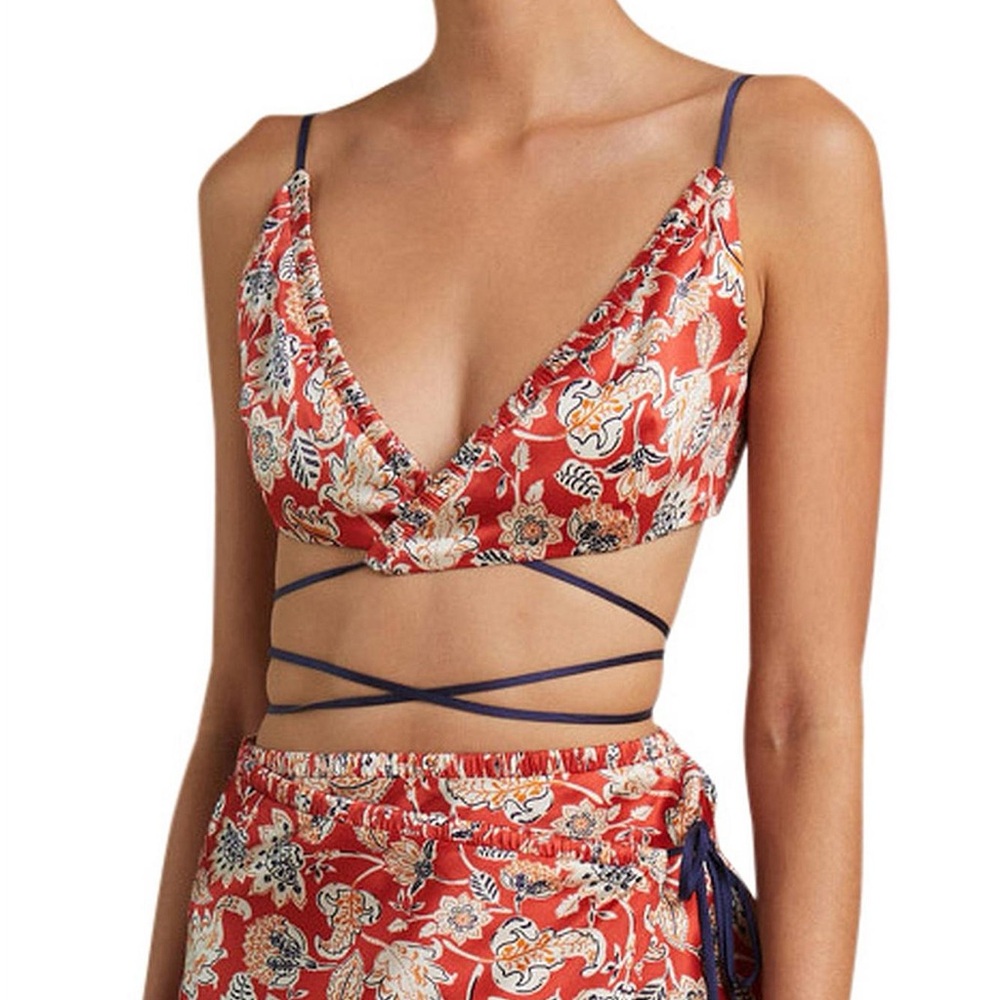 Bec + Bridge 100% Silk Floral Print Wrap Bralette and Skirt Set in Ruby Red